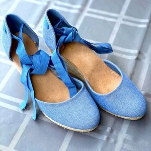 Blue canvas ankle-wrap espadrille wedges